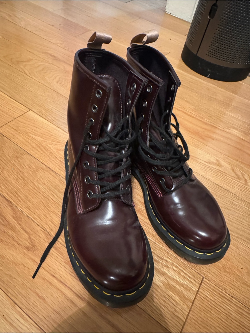 Dr. Martens women’s oxblood 8-Eye Leather Boots with Yellow Stitching